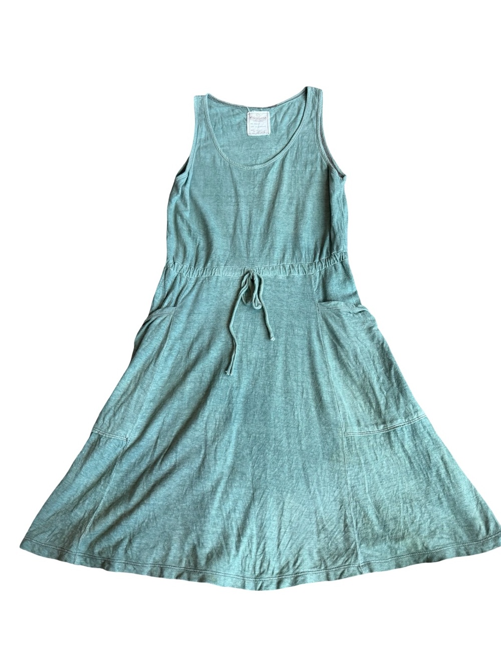 Bohemian Folk Sage Green Boho Dress Sundress Drawstring Pockets Small Women's